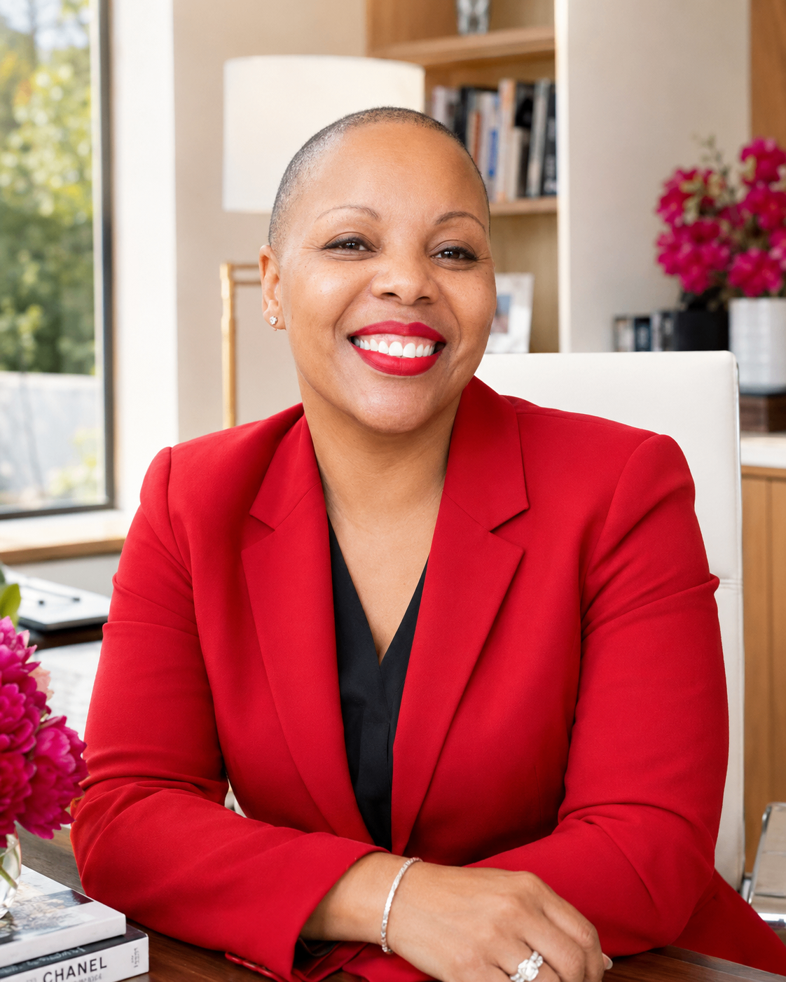 Kimberly Millionaire, American livestream commerce host, seated at her desk in a red blazer